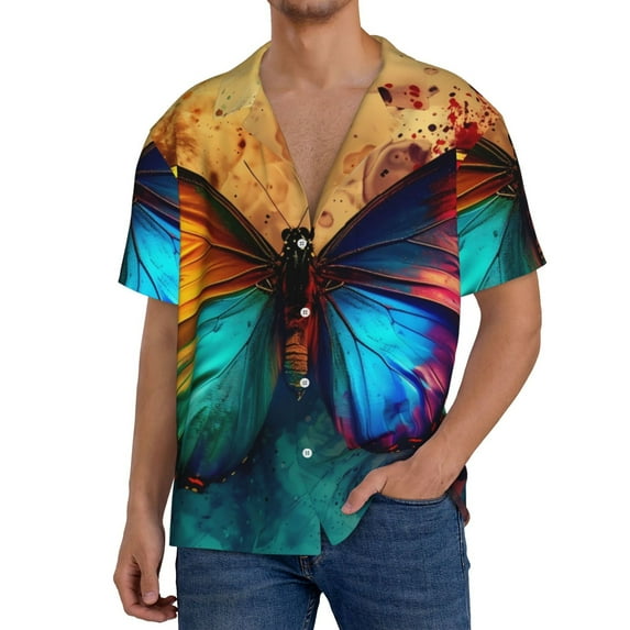 KLL Vibrant Rainbow Butterfly A Print Men's Shirt Short Sleeve Button Down Summer Cuba Beach Shirts- 3X-Large