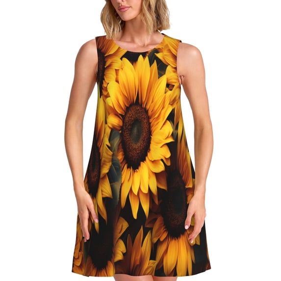 KLL Vibrant Sunflower Blooms Pattern Womens Summer Dresses 2025,Loose Round Neck Sleeveless Sundresses Tank Dresses with Pockets