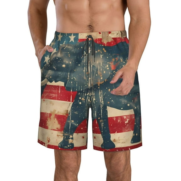 KLL Vintage American Flag Elephant Men's Casual Summer Beach Shorts Hawaiian Shorts with Pockets-