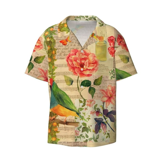 KLL Vintage Bird Print Men's Shirt Short Sleeve Button Down Summer Cuba Beach Shirts- Medium