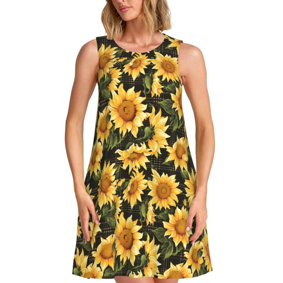 KLL Vintage Black Plaid Sunflower Pattern Womens Summer Dresses 2025,Loose Round Neck Sleeveless Sundresses Tank Dresses with Pockets