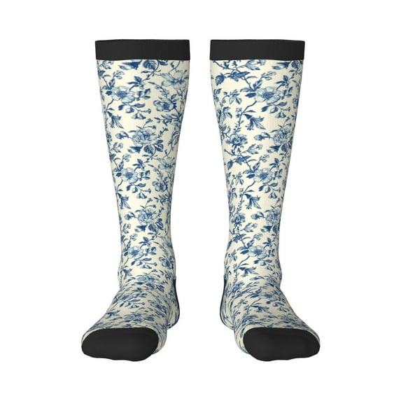 KLL Vintage Blue Floral Print Cool Socks Men's Women's Crew Socks Funny Crazy Novelty Stockings
