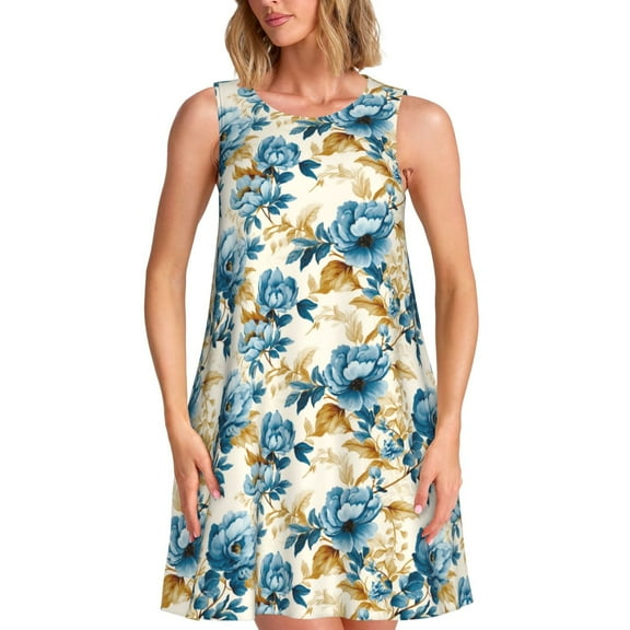 KLL Vintage Blue Flowers Pattern Womens Summer Dresses 2025,Loose Round Neck Sleeveless Sundresses Tank Dresses with Pockets