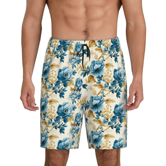 KLL Vintage Blue Flowers for Men's 1-Pack Shorts,Sleep Pajama Shorts for Men Soft Pj Shorts Men's Pajama Bottoms Sleepwear -4X-Large