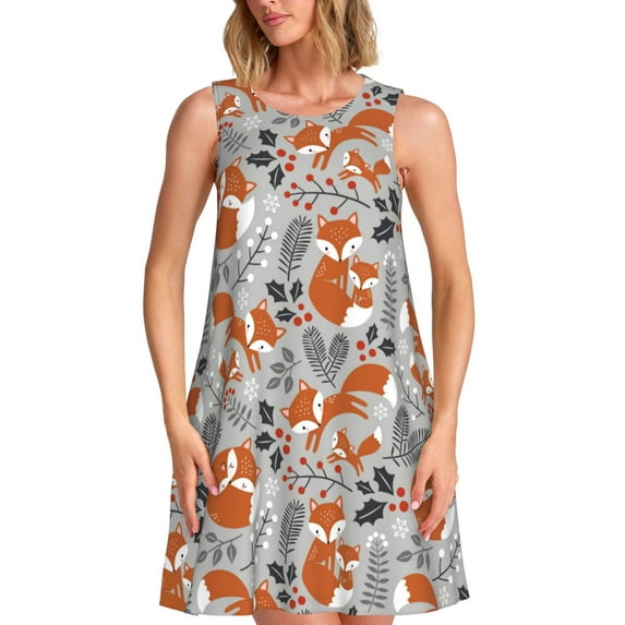 KLL Vintage Blue Fox Family A Pattern Womens Summer Dresses 2025,Loose Round Neck Sleeveless Sundresses Tank Dresses with Pockets