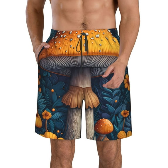 KLL Vintage Blue Leaf Mushroom Men's Casual Summer Beach Shorts Hawaiian Shorts with Pockets-Large