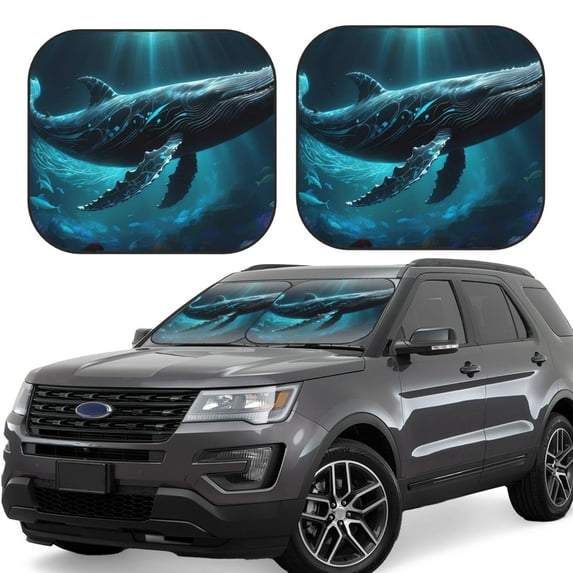 KLL Vintage Blue Pattern Whale Windshield Sun Shade 2-Piece Foldable Car Front Window Sunshade for Most Sedans SUV Truck- Large