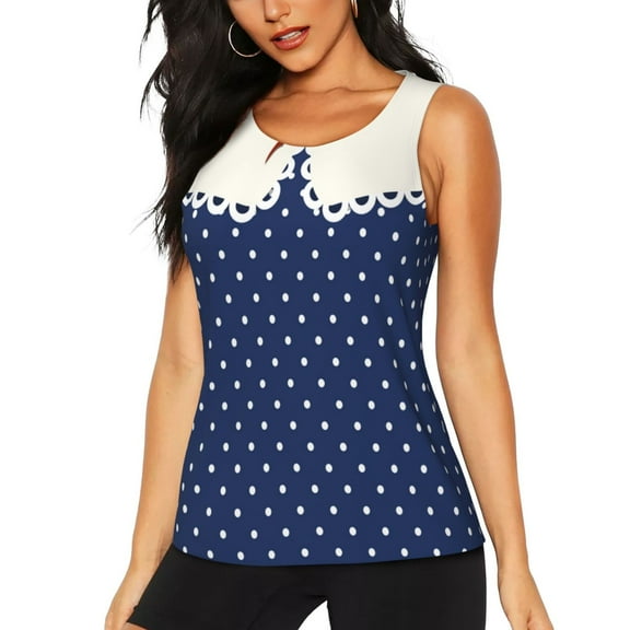 KLL Vintage Blue Polka-dot Print Womens Tank Top Sleeveless Workout Tops Athletic Running Shirts Yoga Gym Clothes-Large