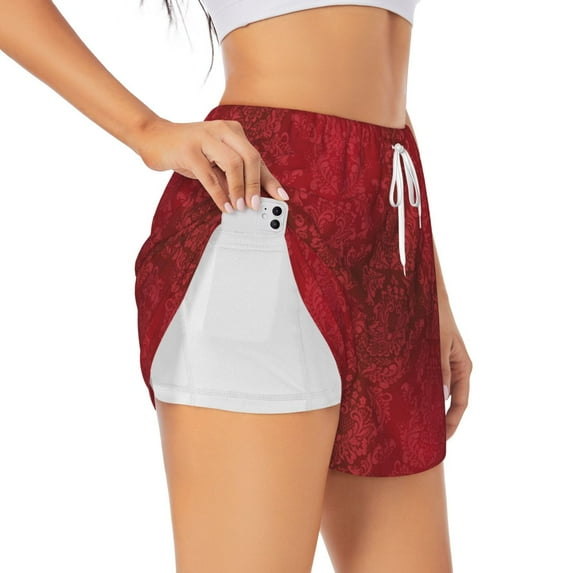 KLL Vintage Burgundy Pattern Shorts Women,Athletic Shorts High Waisted Running Shorts Pocket Sporty Short Gym Elastic Workout Shorts-XX-Large