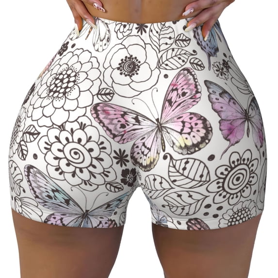 KLL Vintage Butterflies Pattern Workout Shorts for Women Scrunch Short Gym Yoga Running Sport Active Exercise Fitness Shorts