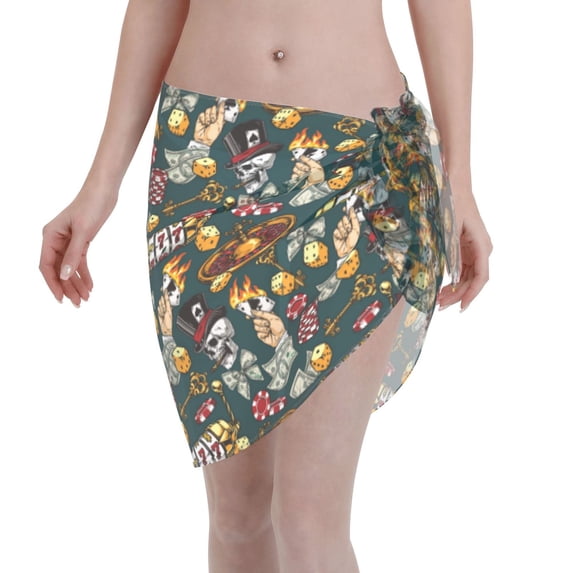 KLL Vintage Casino Chips Print Women's Sarong Coverups Short Bathing Suit Wrap Skirt Beach Wrap Swimsuit Cover Ups