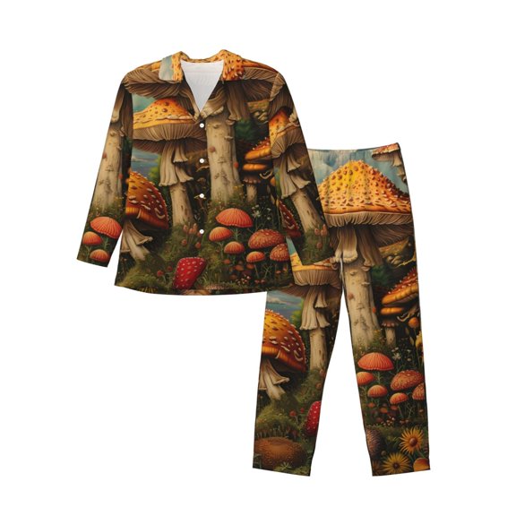 KLL Vintage Cloud Mushroom Sleepwear Mens Flannel Pajamas,Long Cotton Pj Set