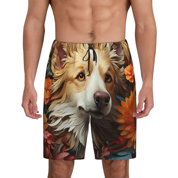 KLL Vintage Colorful Flower Puppy for Men's 1-Pack Shorts,Sleep Pajama Shorts for Men Soft Pj Shorts Men's Pajama Bottoms Sleepwear -Medium