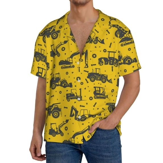 KLL Vintage Excavator Print Men's Shirt Short Sleeve Button Down Summer Cuba Beach Shirts- 3X-Large