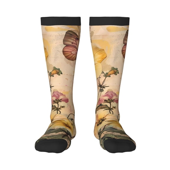 KLL Vintage Floral Butterfly Collage Print Cool Socks Men's Women's Crew Socks Funny Crazy Novelty Stockings