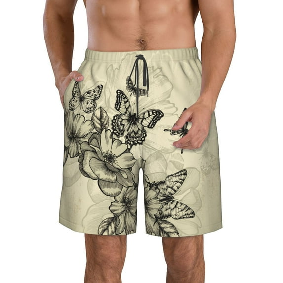 KLL Vintage Floral Men's Casual Summer Beach Shorts Hawaiian Shorts with Pockets-Large
