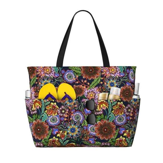 KLL Vintage Floral Print Large Beach Tote Bag Women Waterproof Sandproof Zipper Beach Tote Bag for Pool Gym Grocery Travel with Wet Pocket