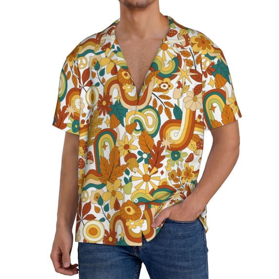 KLL Vintage Floral Print Men's Shirt Short Sleeve Button Down Summer Cuba Beach Shirts- X-Large