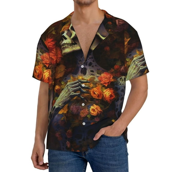 KLL Vintage Floral Skull Print Men's Shirt Short Sleeve Button Down Summer Cuba Beach Shirts- X-Large