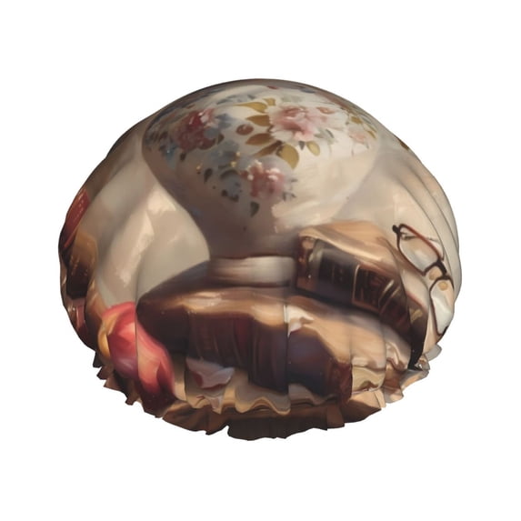 KLL Vintage Floral Vase With Books Pattern Shower Cap & Bath Cap for Women,Reversible Oversized Waterproof Shower Caps for all Hair Lengths,Elastic Reusable Bathing Hair Cap
