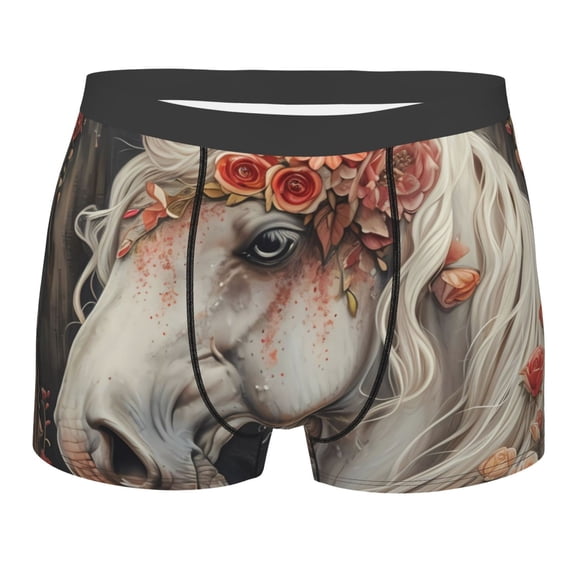 KLL Vintage Floral White Horse Men's Cotton Boxer Briefs Underwear-Small
