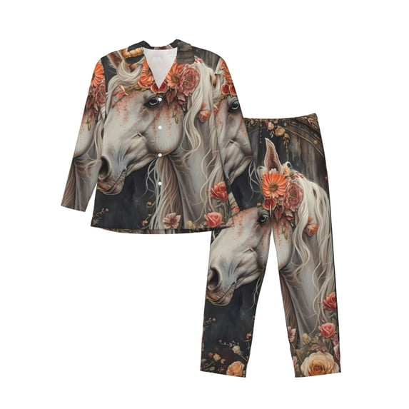 KLL Vintage Floral White Horse Sleepwear Mens Flannel Pajamas,Long Cotton Pj Set