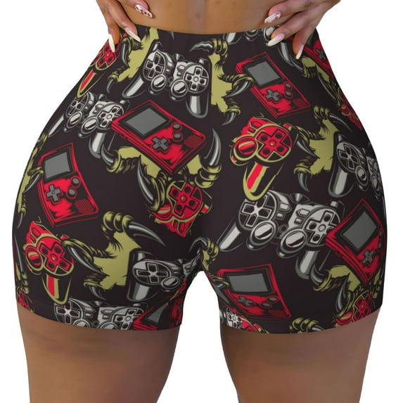 KLL Vintage Gaming Pattern Workout Shorts for Women Scrunch Short Gym Yoga Running Sport Active Exercise Fitness Shorts