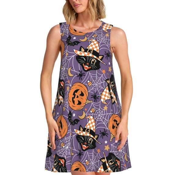 KLL Vintage Halloween Black Cat Pattern Womens Summer Dresses 2025,Loose Round Neck Sleeveless Sundresses Tank Dresses with Pockets