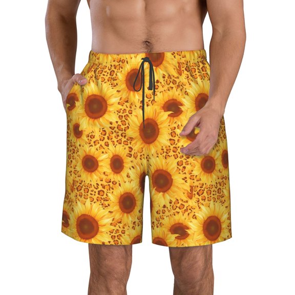 KLL Vintage Leopard Print Sunflower Men's Casual Summer Beach Shorts Hawaiian Shorts with Pockets-XX-Large