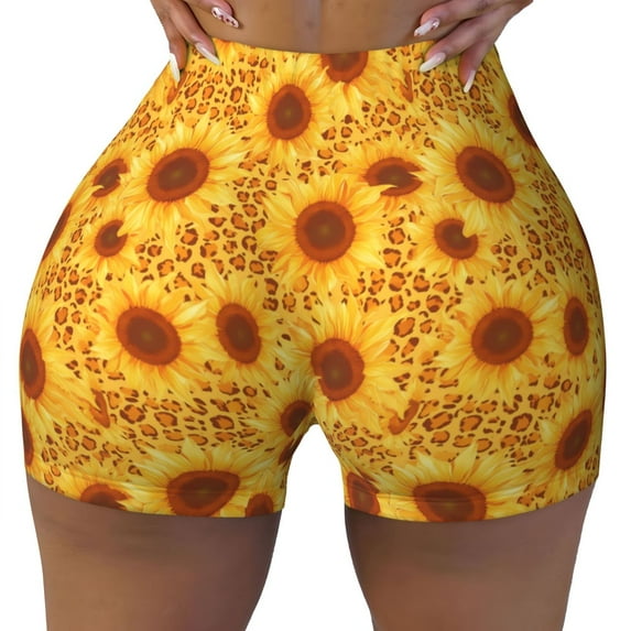 KLL Vintage Leopard Print Sunflower Pattern Workout Shorts for Women Scrunch Short Gym Yoga Running Sport Active Exercise Fitness Shorts