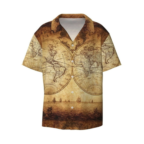 KLL Vintage Map Of The World Print Men's Shirt Short Sleeve Button Down Summer Cuba Beach Shirts- Small