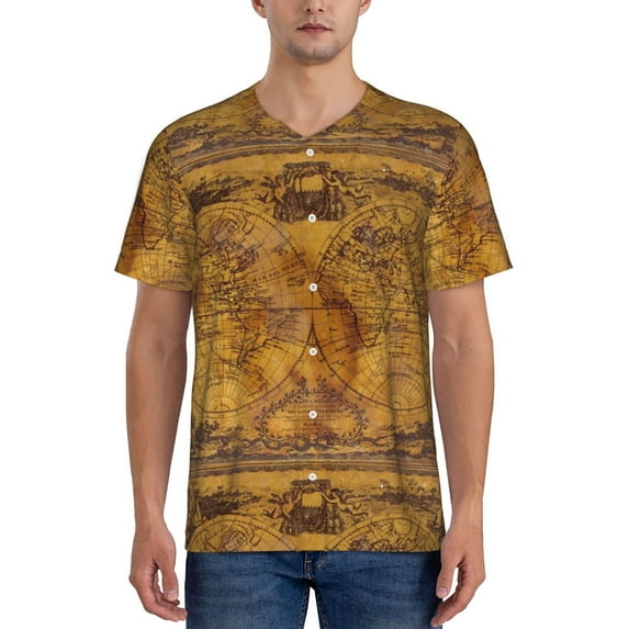 KLL Vintage Map for Men's Baseball Shirts,Short Sleeve Casual Shirts Button Down Shirt for Men Beach Summer Wedding Shirt-Small