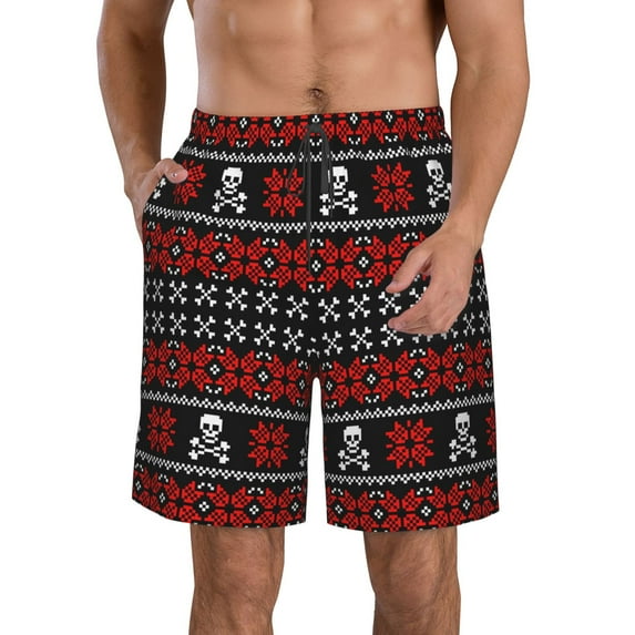 KLL Vintage Maple Leaf with Skull Pattern Men's Casual Summer Beach Shorts Hawaiian Shorts with Pockets-X-Large
