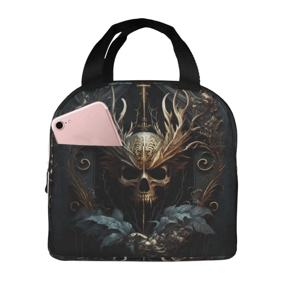 KLL Vintage Ornate Skull Print Insulated Lunch Bag Women, Reusable Cute Tote Lunch Box for Adult & Men, Leakproof Cooler Lunch Bags for Work Office Travel Picnic