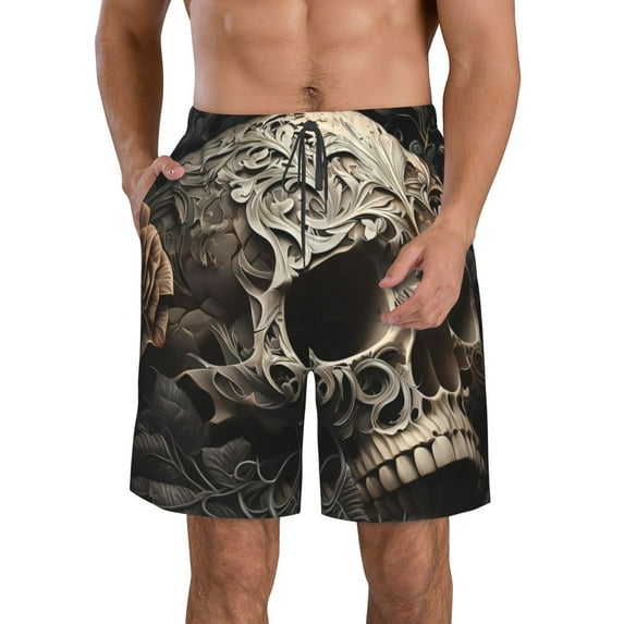 KLL Vintage Pattern Flower Skull Men's Casual Summer Beach Shorts Hawaiian Shorts with Pockets-XX-Large