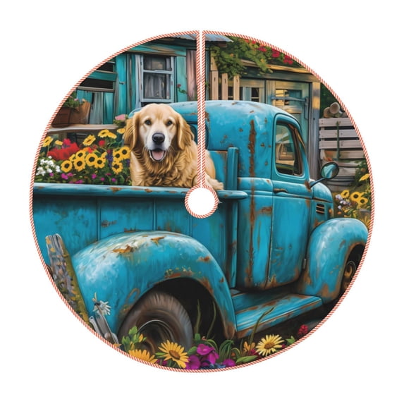 KLL Vintage Pickup Sunflower Dog Christmas Tree Skirt 30" ,Party Decorations Farmhouse for Christmas Decorations Holiday Party