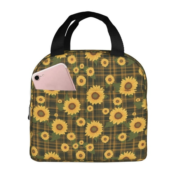 KLL Vintage Plaid Sunflower Print Insulated Lunch Bag Women, Reusable Cute Tote Lunch Box for Adult & Men, Leakproof Cooler Lunch Bags for Work Office Travel Picnic