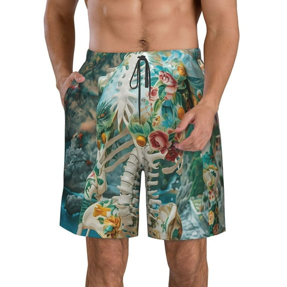KLL Vintage Print Island Skull Men's Casual Summer Beach Shorts Hawaiian Shorts with Pockets-X-Large