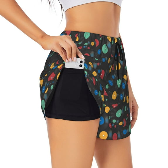 KLL Vintage Records Pattern Shorts Women,Athletic Shorts High Waisted Running Shorts Pocket Sporty Short Gym Elastic Workout Shorts-Large