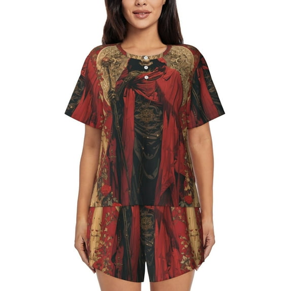 KLL Vintage Rose Scepter Skull Print Pajama Set for Women Short Sleeve Sleepwear Pjs Soft 2 Piece Lounge Sleepwear Sets-Large