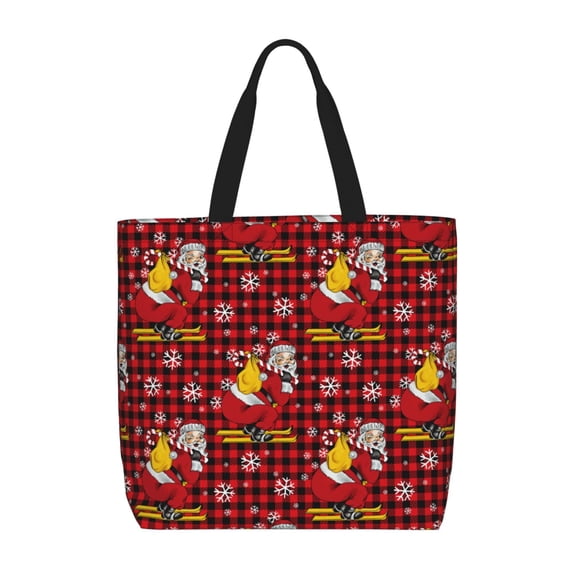 KLL Vintage Santa Skiing Red Plaid Pattern Aesthetic Tote Bag for Women Beach Bag Shopping Bags Shoulder Bag Reusable Grocery Bags