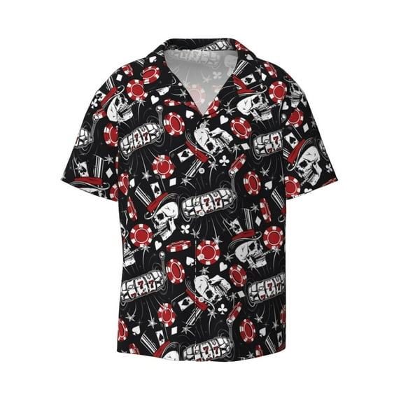 KLL Vintage Skull Casino Print Men's Shirt Short Sleeve Button Down Summer Cuba Beach Shirts- XX-Large