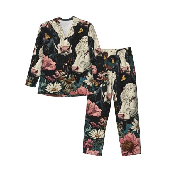KLL Vintage Sunflower Cow Sleepwear Mens Flannel Pajamas,Long Cotton Pj Set