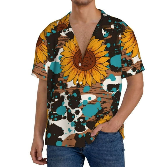 KLL Vintage Sunflowes Print Men's Shirt Short Sleeve Button Down Summer Cuba Beach Shirts- Medium