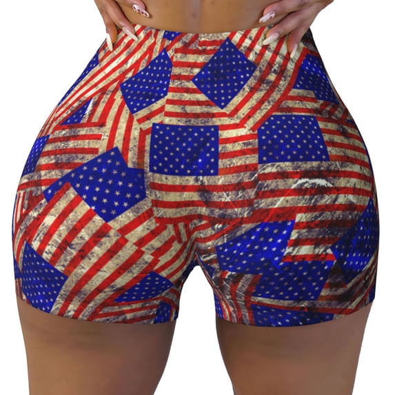 KLL Vintage USA Flag Pattern Workout Shorts for Women Scrunch Short Gym Yoga Running Sport Active Exercise Fitness Shorts