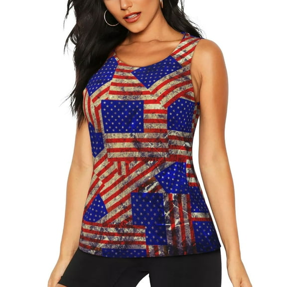 KLL Vintage USA Flag Print Womens Tank Top Sleeveless Workout Tops Athletic Running Shirts Yoga Gym Clothes-Small