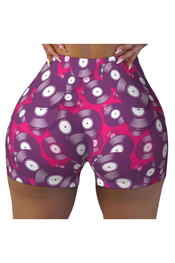 Vintage Vinyl Record Pattern Workout Shorts for Women Scrunch Short Gym Yoga Running Sport Active Exercise Fitness Shorts