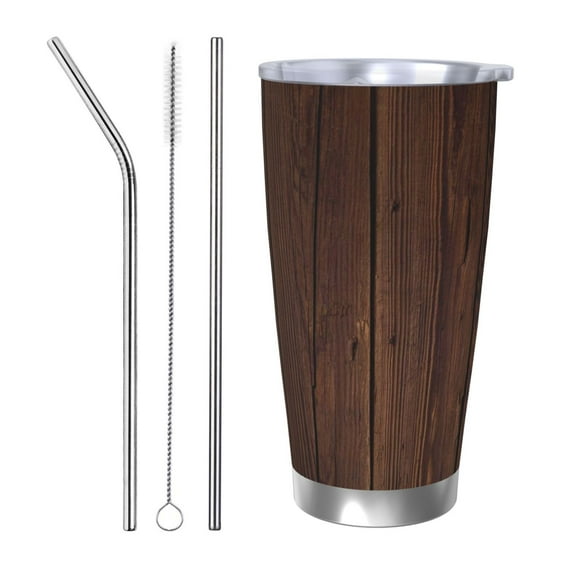 KLL Vintage Wood Print 40oz Stainless Steel Insulated Car Cup with Spillproof Lid - Keep Your Drink Hot or Cold on the Go-Straw Three-piece Set