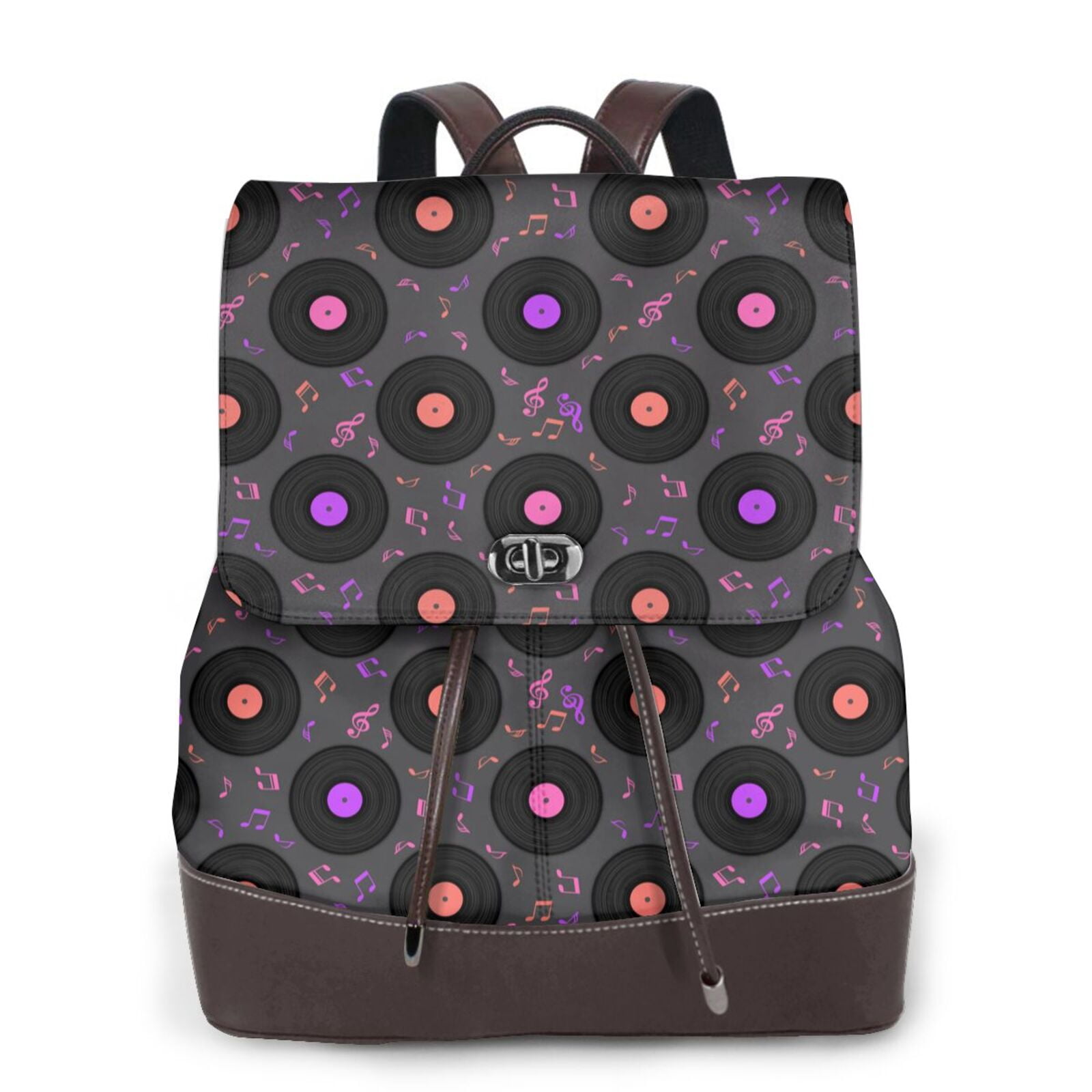 KLL Vinyl Records Musical Notes Print Leather Backpack,PU Leather ...