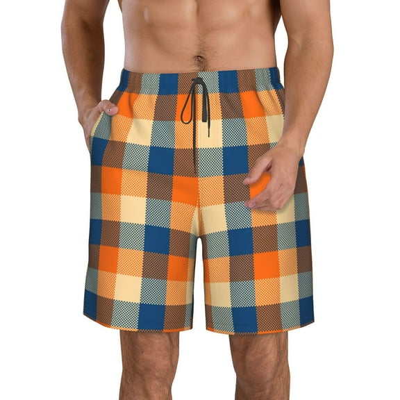 KLL Warm Orange Plaid Men's Casual Summer Beach Shorts Hawaiian Shorts with Pockets-3X-Large
